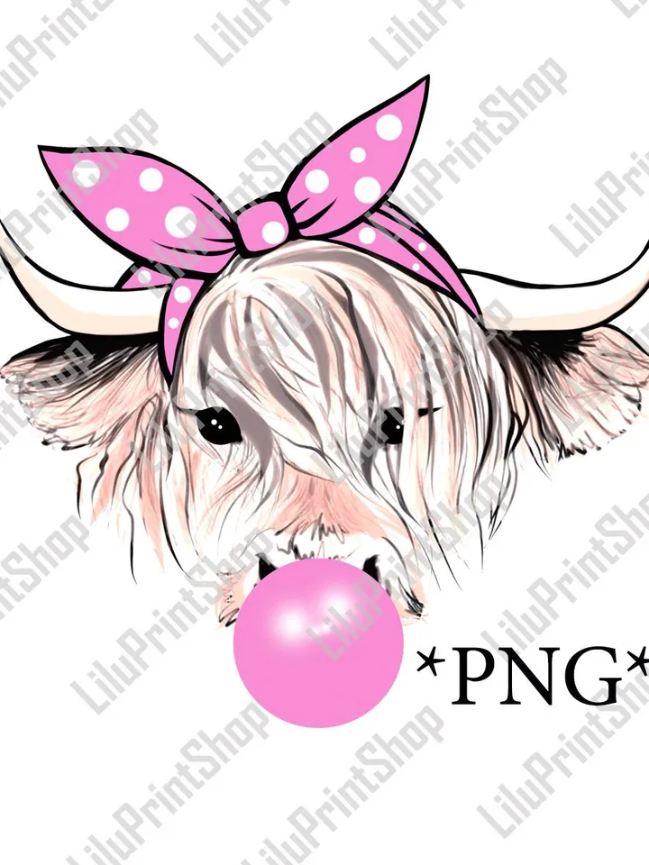 Blonde Highland cow png sublimation Cow with bubble gum and pink bandana Heifer PNG clipart digital Instant download