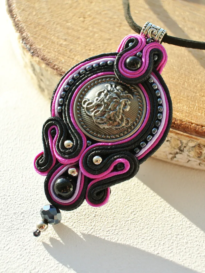 Black and pink boho necklace, Soutache pendant, Embroidered necklace, Ethnic necklace, Mandala