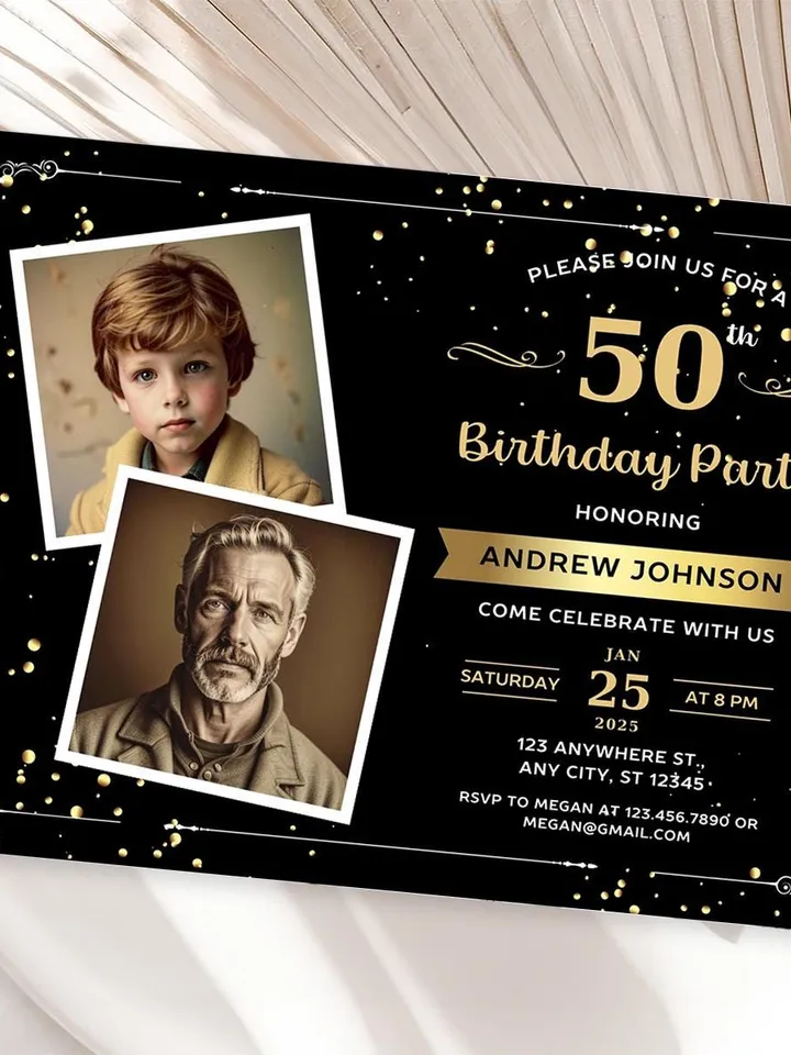 50th Birthday invitation with Photo | Adult Birthday Photo Invite | Mens birthday Black Gold landscape invitation card | Canva template