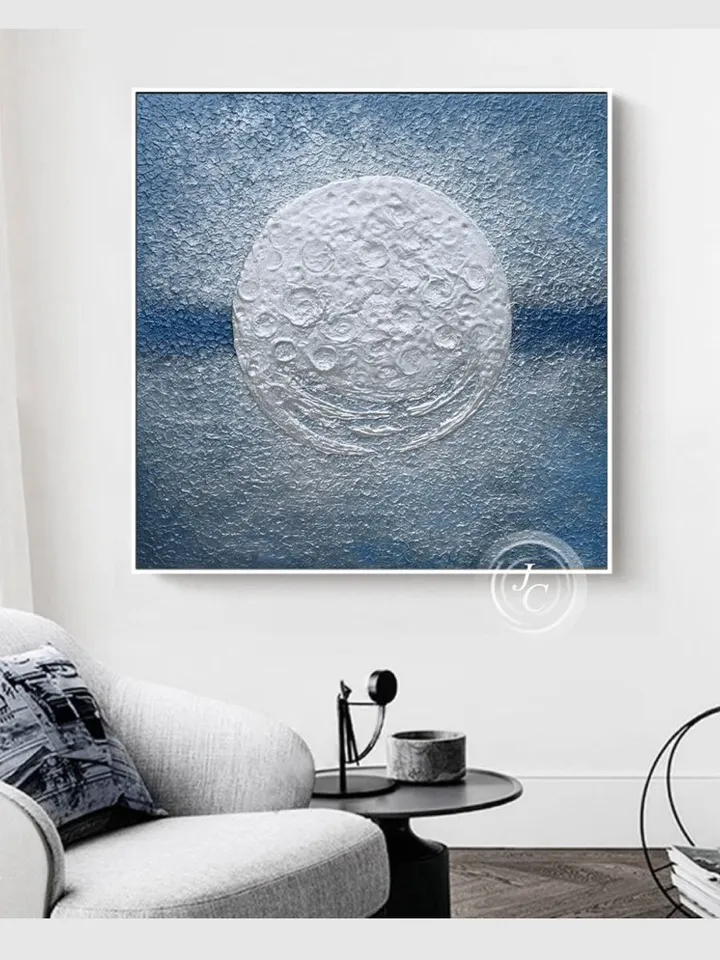 Silver Moon Painting Blue and Silver Abstract Wall Art | Full Moon Textured artwork Modern Original art