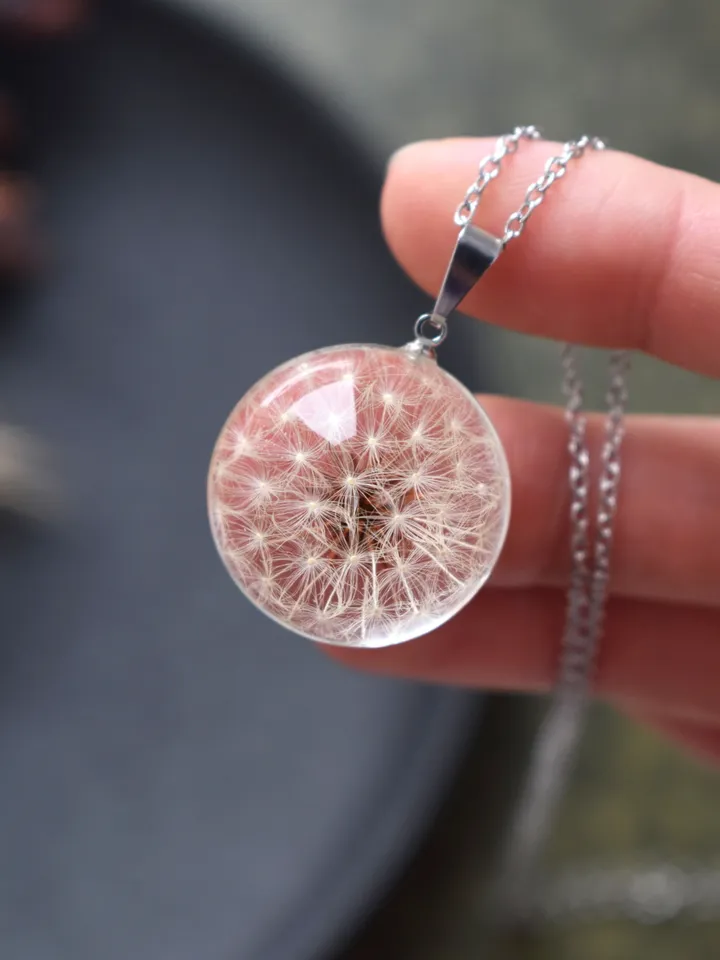 Real Dandelion pendant. A whole dandelion necklace. Transparent hemisphere pendant.