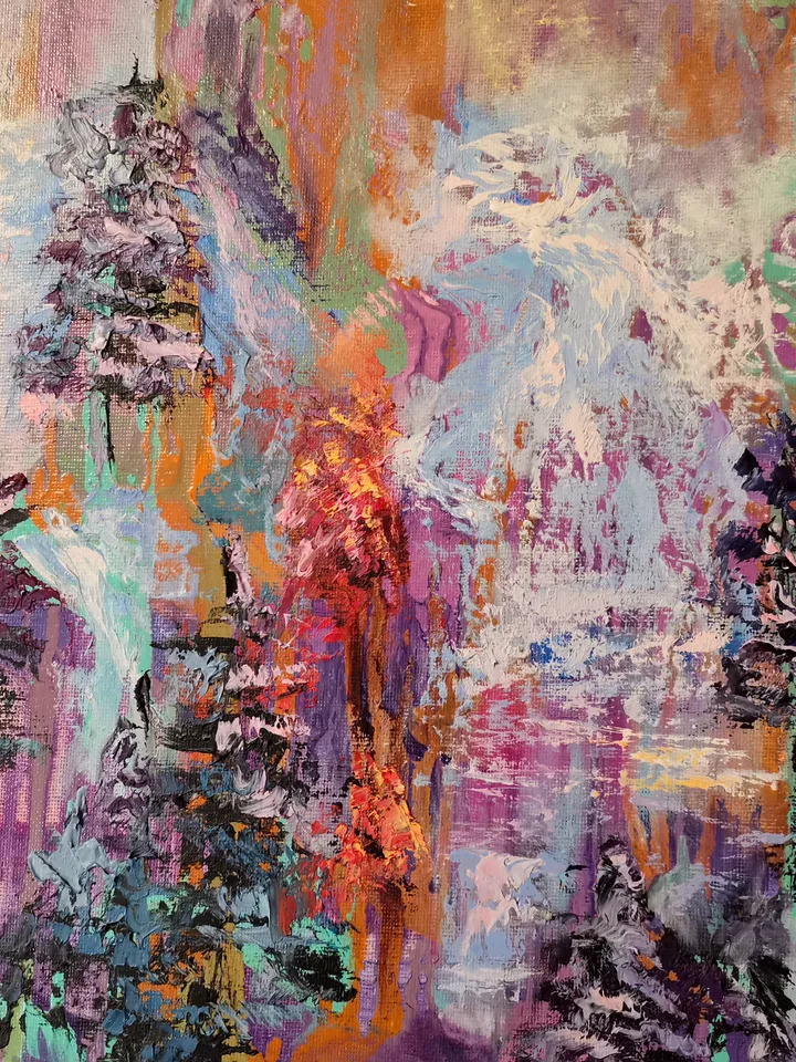 Waterfall Forest Abstract Sunset Impasto Art Large Original Oil Painting Canvas Artist Svinar Oksana