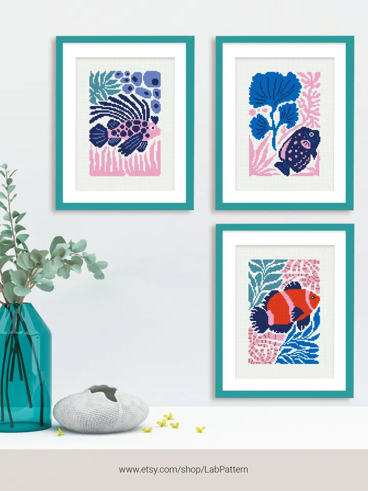 Bundle of 6 mini Sea Cross stitch patterns contemporary ocean fish turtle Abstract  beginner counted modern chart DIY embroidery instant PDF