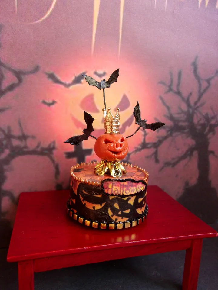 Puppet theater for Halloween. Pumpkin with illumination and bats. 1:12. dollhouse miniature. handmade.