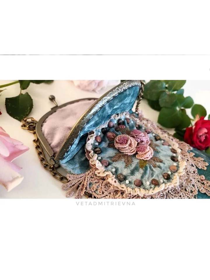 Charming velvet clasp handbag on a chain with French embroidery of roses, guipure and pebbles Boho Style Feminine Flower Accessory Rose Embroidery Luxury Handmade Jewelry