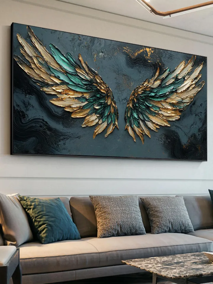 Large Emerald Green & Gold Angel Wings Impasto Painting, Textured 3D Wall Art, Original Abstract Art, Unique Home Decor, Office Wall Decor
