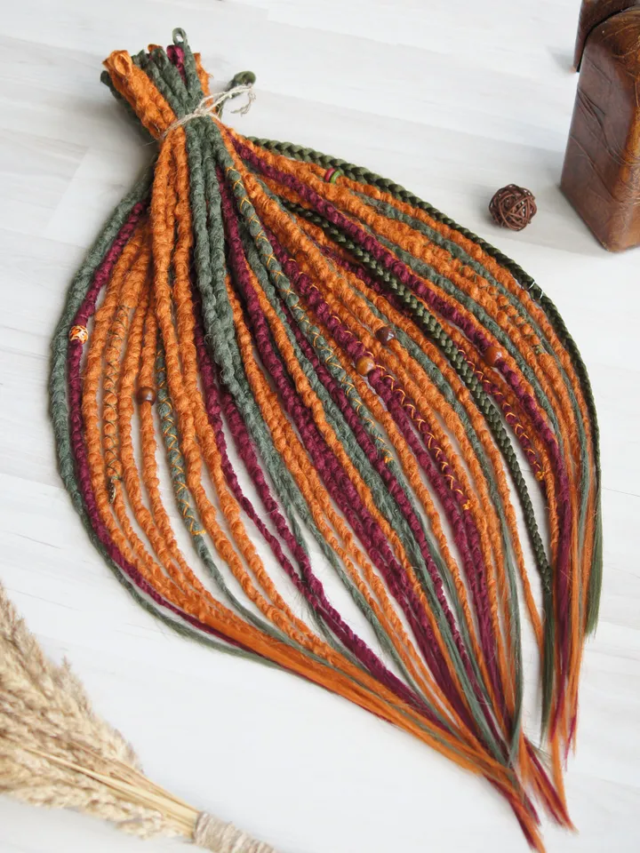 Bohemian Ginger Dreadlocks Earthy Red Green Faux Locs with Bead Thread Details Single or Double Ended Handmade Boho Hair Extensions