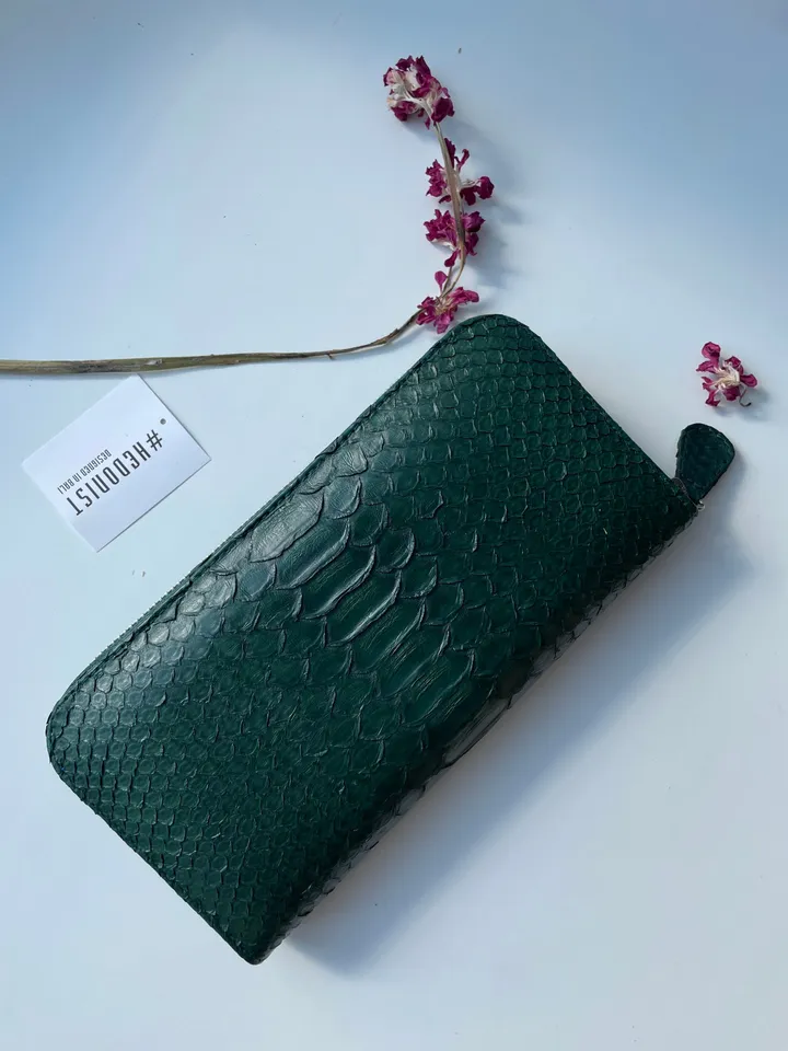 Python Wallet Dark Green | Genuine Python Skin Green Bottle Color Wallet Unissex | Calssy Elegant Python Genuine Leather Wallet Handmade New