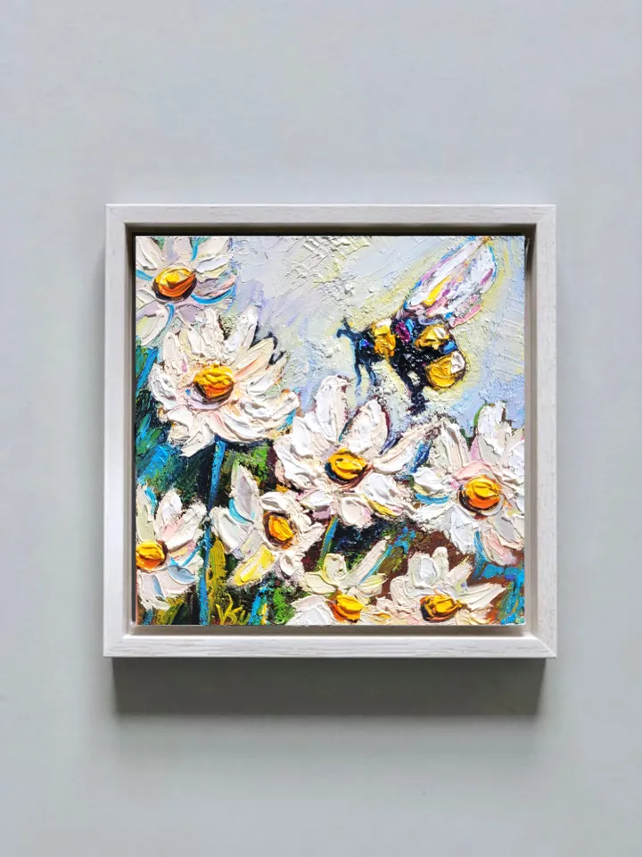 Daisy Painting Bumble Bee Painting Original Impasto Oil Painting 6x6 Honey Bee Wall Art Daisy Artwork Bee and Flower Art Christmas Gift by ArtFromVictoria