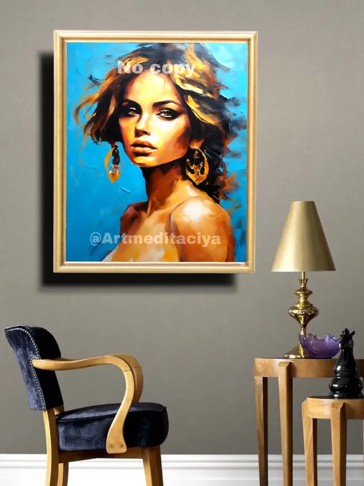 The digital abstract textural painting "Girl" in the style of oil painting with a palette knife on a blue background is a concise image of a beautiful brunette of European appearance with expressive brown eyes and golden strands of hair and gold earrings