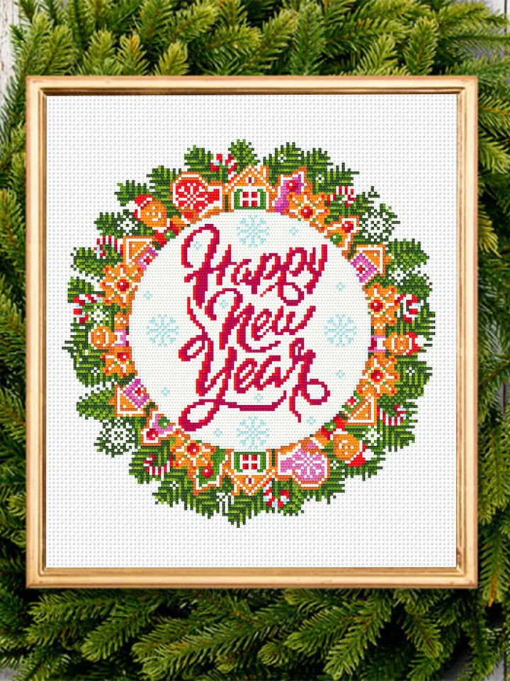 Christmas wreath cross stitch pattern download PDF Winter holiday cross stitch chart Christmas pattern digital Happy new year stitch #N24