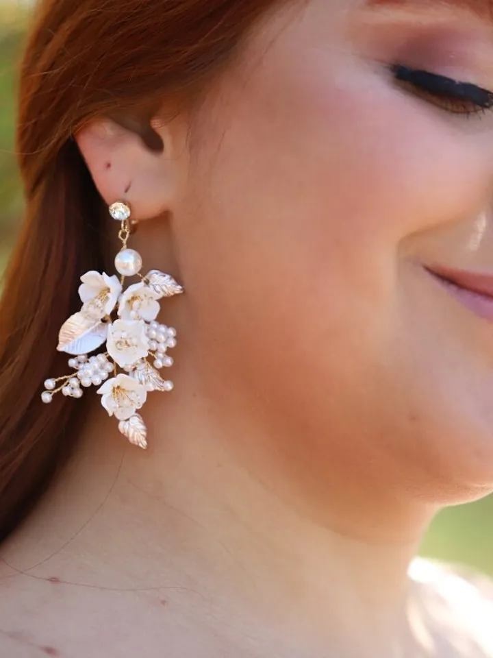 Porcelain Flower Wedding Earrings, Rose Gold Floral Statement Bridal Earrings, Pearl Boho Wedding Earrings, Statement Wedding Jewelry Set,