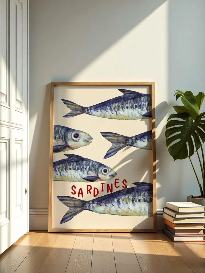 Sardine Wall Art, Sardines Tin Fish Poster, Colorful Kitchen Print, Maximalist Home Decor, Vintage Style Digital Artwork, Retro Sardine Art