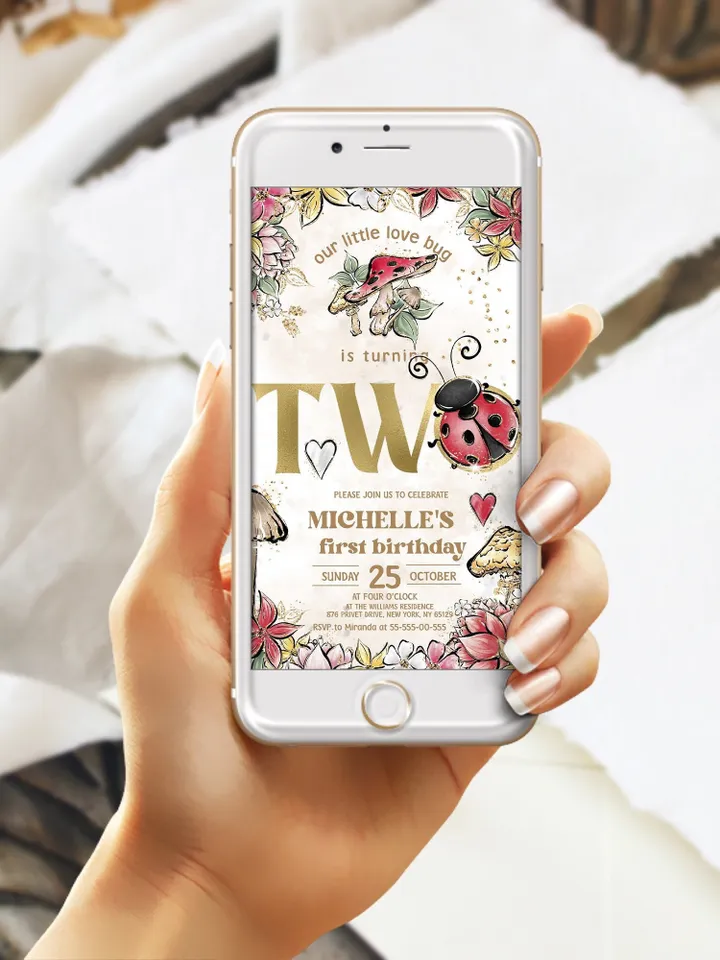 Editable Lady Bug 2st Birthday Electronic Invitation; Any age Lady bug birthday party template; Cute Girl Birthday Evite; Download lb1