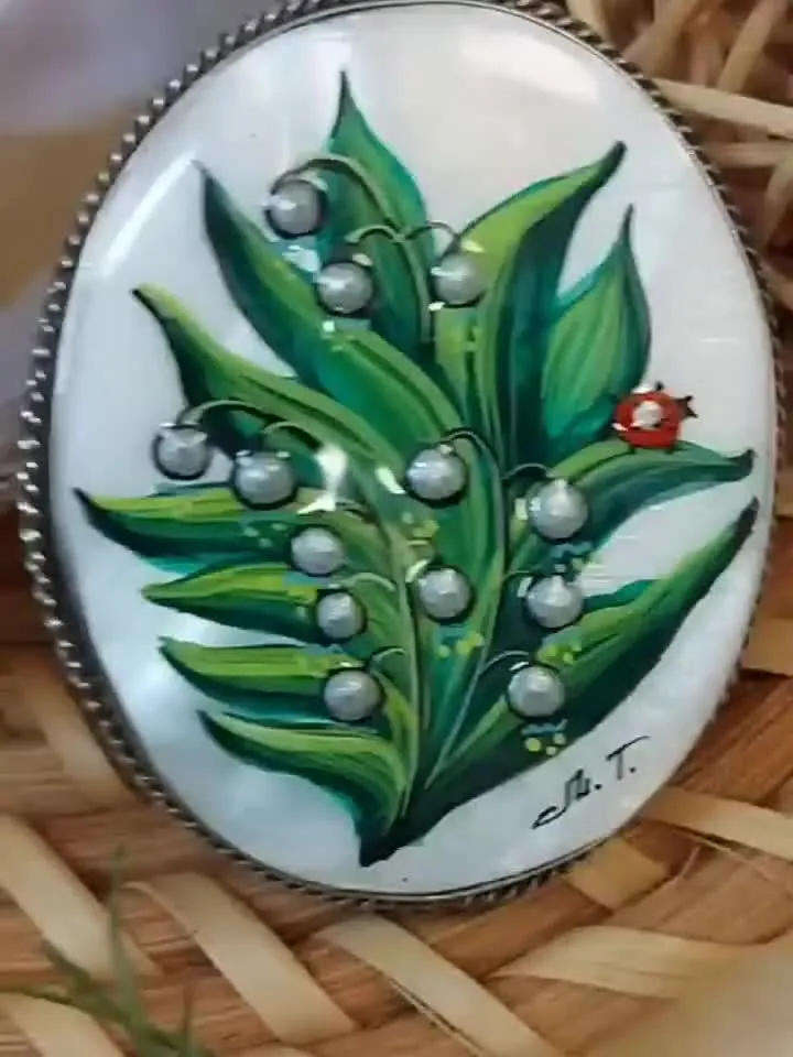 Brooches for women: White may bell flower and little ladybug on shell brooch, gorgeous spring floral pin with lady beetle on green leaves