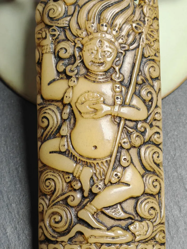 Gandhanra Vintage Yak Bone Carved Troma Nagmo Amulet - Tibetan Buddhist Black Dakini Female Deity Pendant
