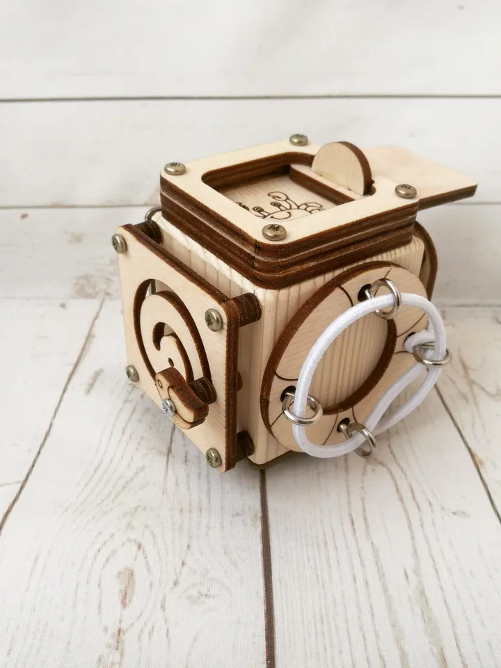 Busy cube - wooden baby fidget toy, montessori travel activity