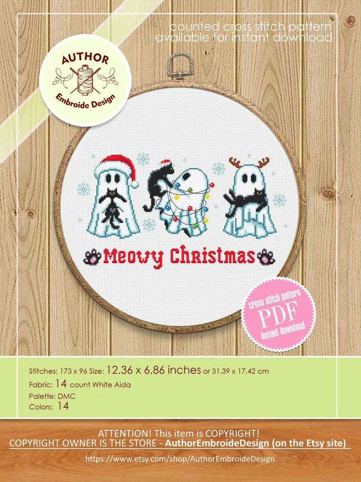 Christmas ghost with black cat cross stitch pattern PDF download Cute ghost cross stitch chart, Meowy Christmas pattern digital PDF #N152