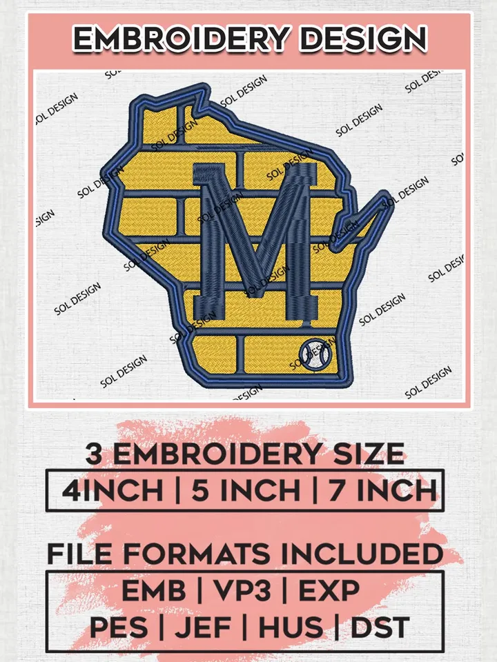 Milwaukee Brewers Map Logo Machine Embroidery Files, MLB Milwaukee Brewers Team Embroidery, MLB Teams, 3 sizes, MLB Machine embroidery designs, Digital Download