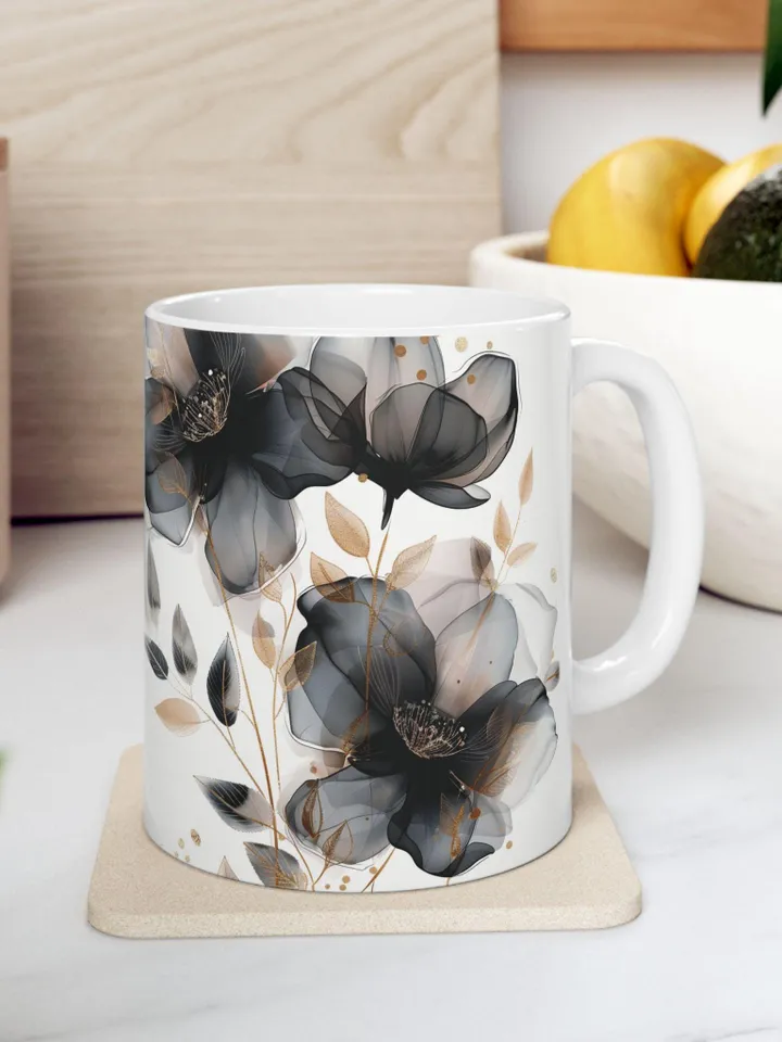 Elegant Floral Mug, Botanical Coffee Cup, White Ceramic Drinkware, Gift for Gardeners, Mother's Day Present