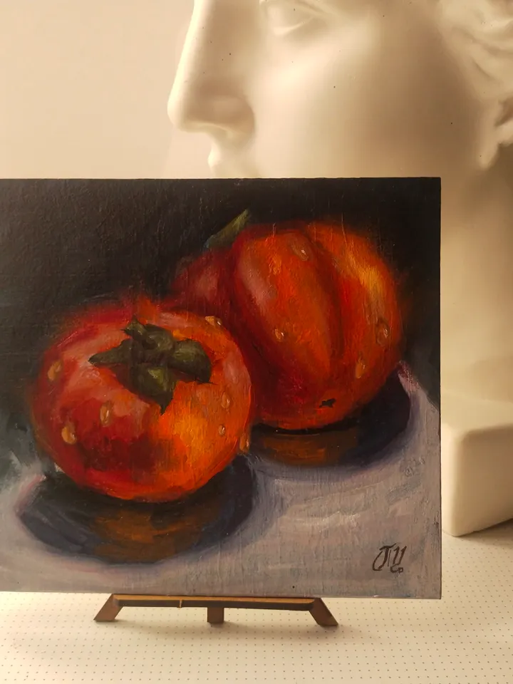 Original persimmon oil painting, Bright Fruit with water drops miniature art, Small fine art on panel