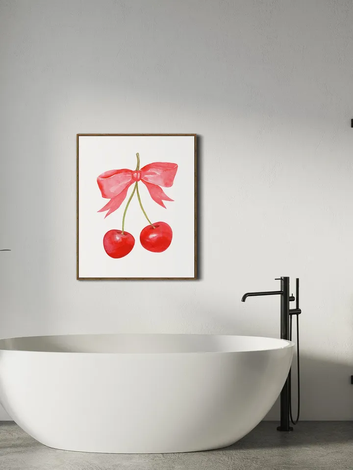 Cherry Bow Print Watercolor Painting, Vintage Cherry Art, Pink And Red Art, French Cherry Art, Girly Room Wall Art, Trendy Pink Art Print