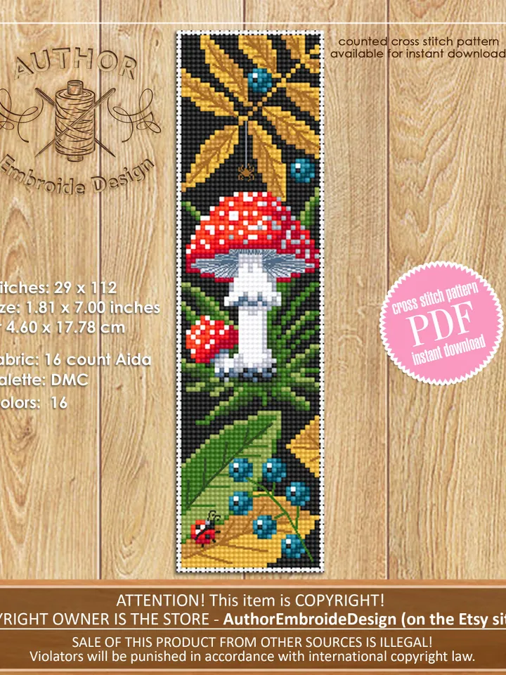 Mushroom bookmark set cross stitch pattern PDF download Magic mushroom cross stitch chart, Fall embroidery PDF Boletus, Morel, Amanita #B166
