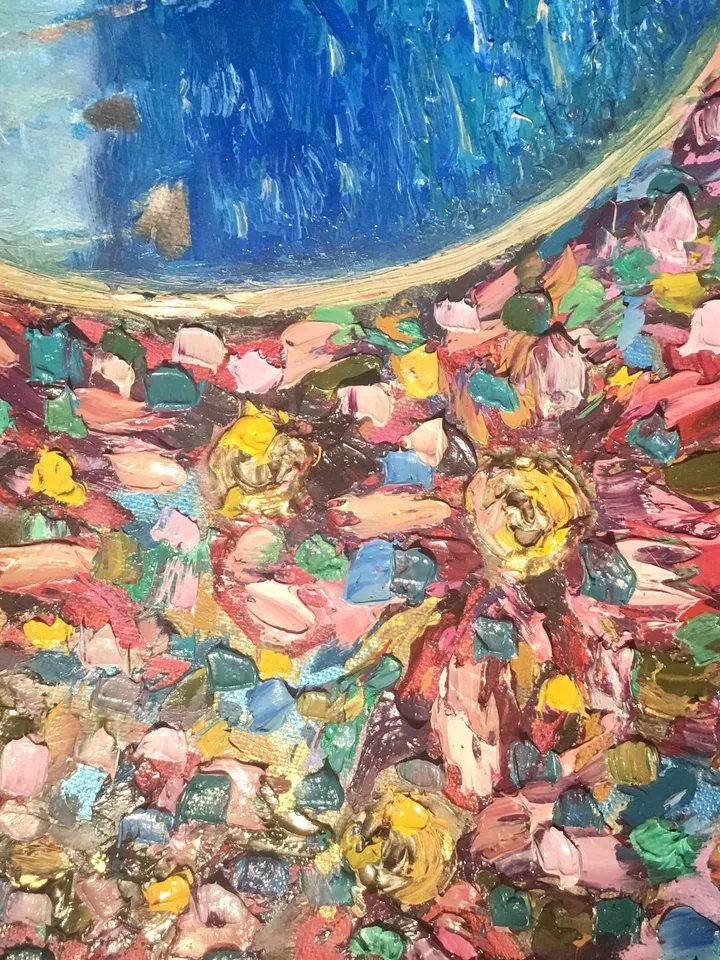 Fantasy mix media seascape and flowers painting,oil impasto painting,colourful wall art on round canvas,unique handmade gift home decor.