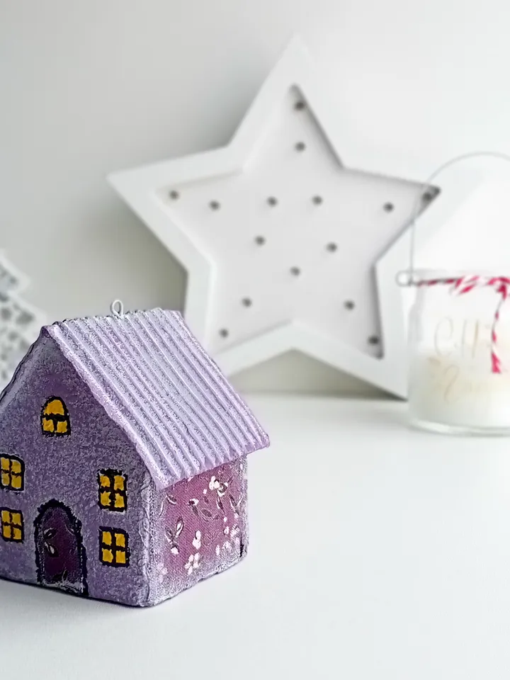 Christmas ornament Hanging Tiny House/Handmade Paper Mache Christmas Tree Ornament/Miniature Purple House Gift