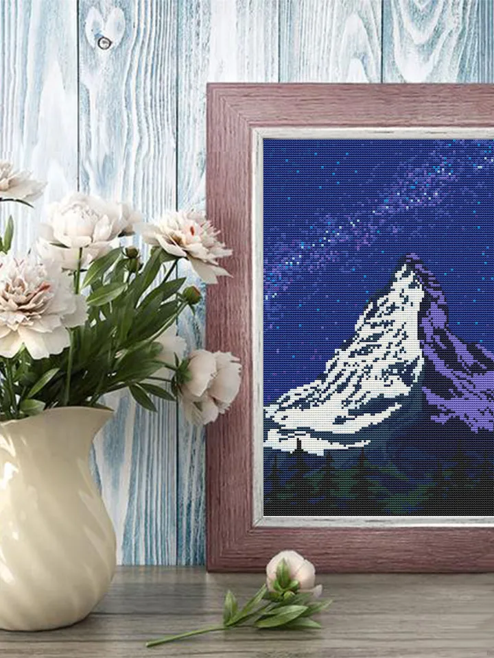 Mount Everest cross stitch pattern download PDF Mountain landscape cross stitch chart Nature beginner stitch Starry night sky digital #L32
