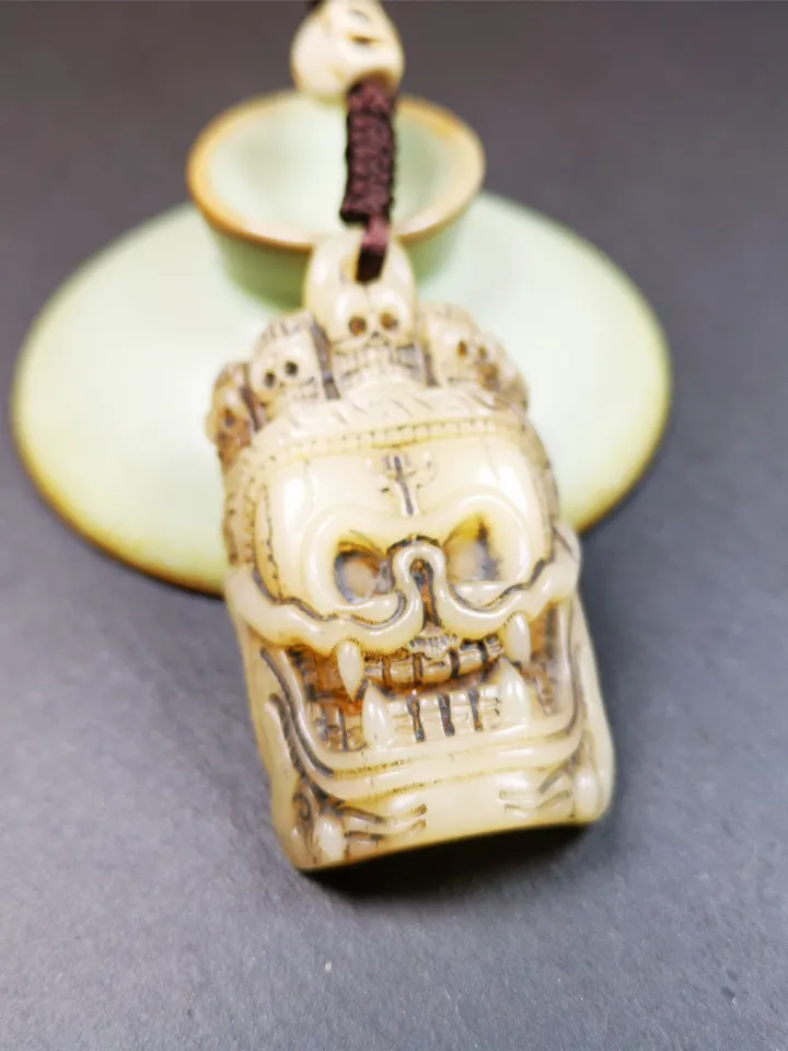 Gandhanra Tibetan Amulet,Yak Bone Carved Skull Masters of Sitavana Badge, Hand-carved Skull Pendant