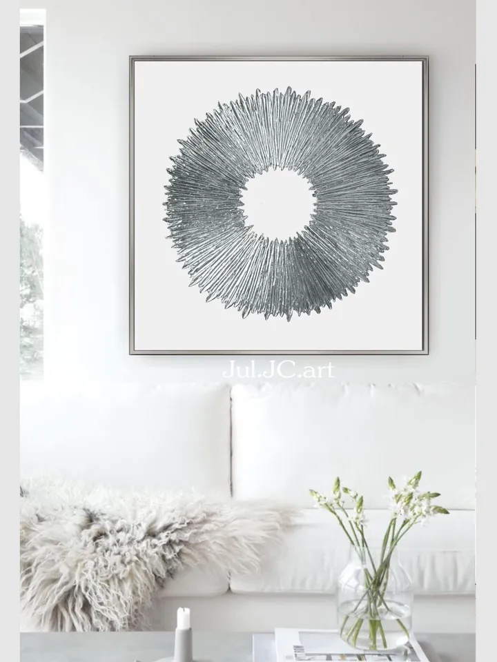 Silver and White Abstract Painting Silver Sun Original Art Textured artwork | Living room wall decor Above couch art