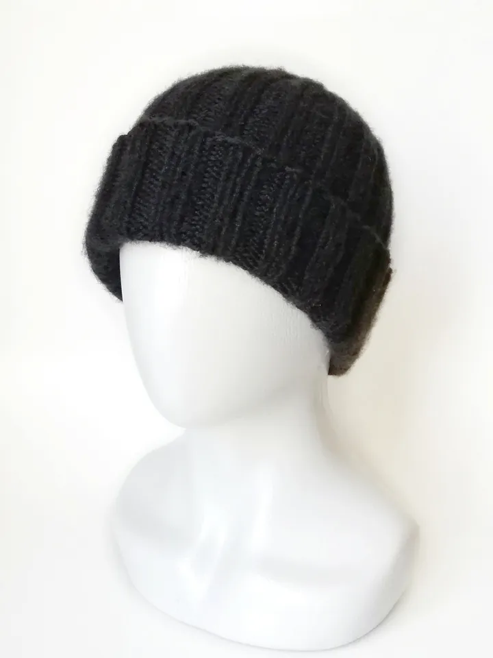 Handcrafted Black Men's Merino Wool Ribbed Beanie: Exceptionally Warm Hand-Knitted Winter Hat in Luxurious Soft Yarn. FREE SHIPPING!