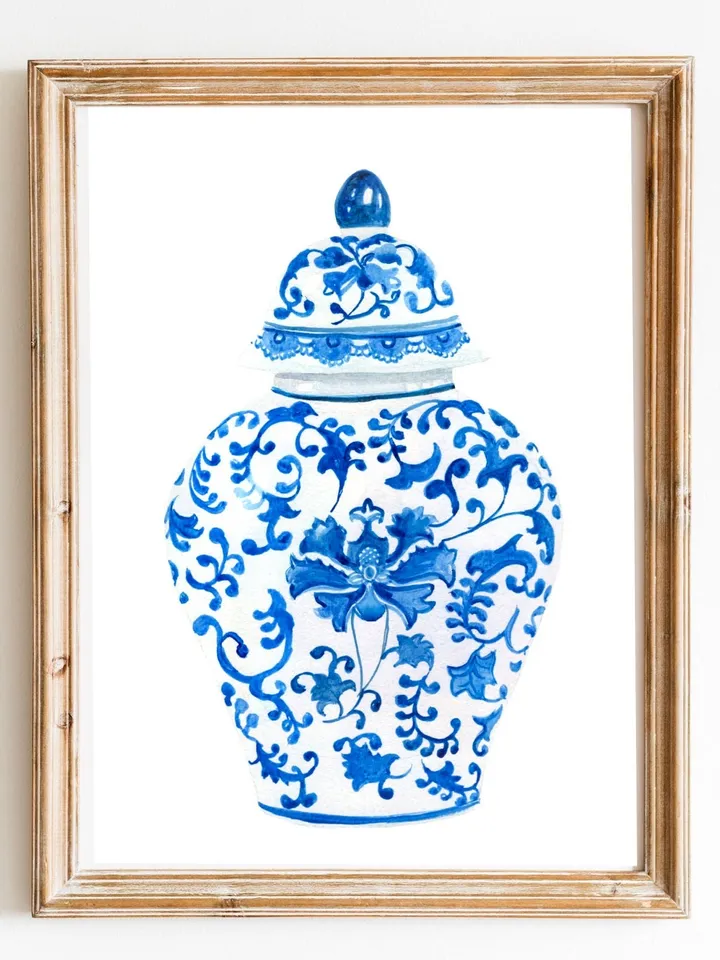 Chinoiserie Wall Art/ Set Of Two Prints/Chinoiserie Chic/ blue and white/ Chinoiserie Decor/ botanical/ Ginger jar/ blue floral/Wall Art Set