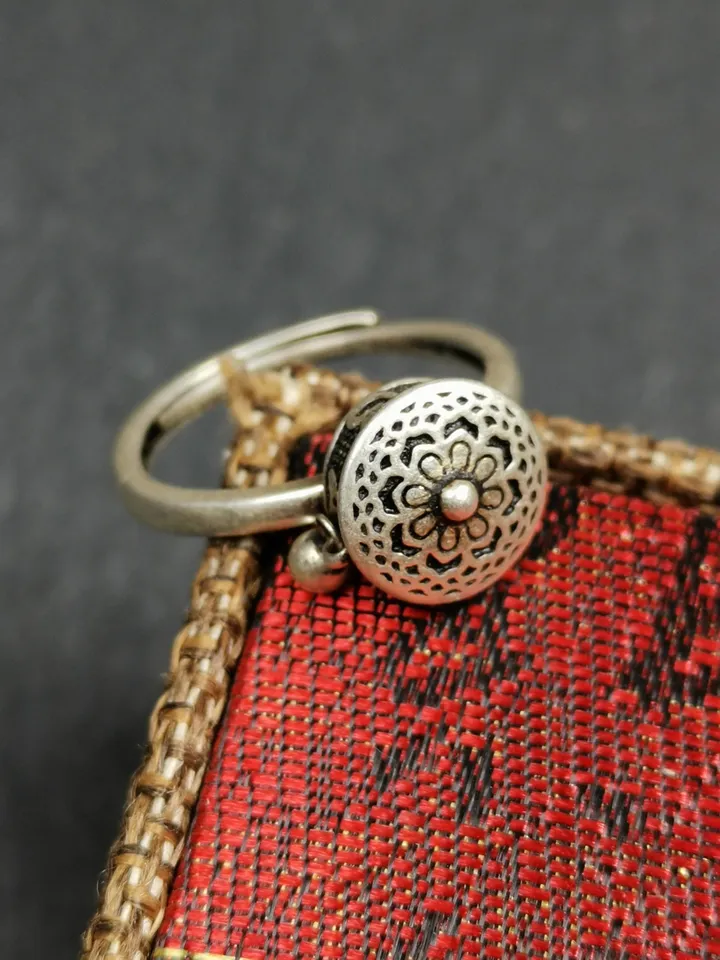 Gandhanra Unique Handcrafted Tibetan Silver Prayer Wheel Ring | Mandala Shape & Om Mantra | Adjustable Size | Protection Jewelry for Women
