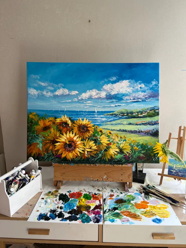 Original oil painting on canvas large artwork sunflowers fields and sea beautiful landscape realistic impasto art