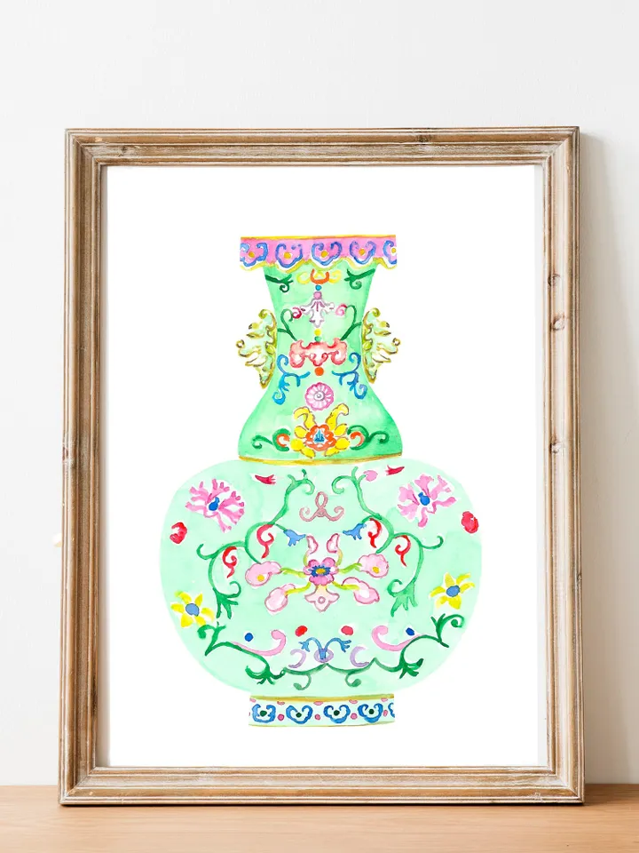 Chinoiserie Green Ginger Jar Watercolor Wall Art Print Chinoiserie Vase Art Vintage Porcelain Vase Arts For Living Room Ginger Jar Decor