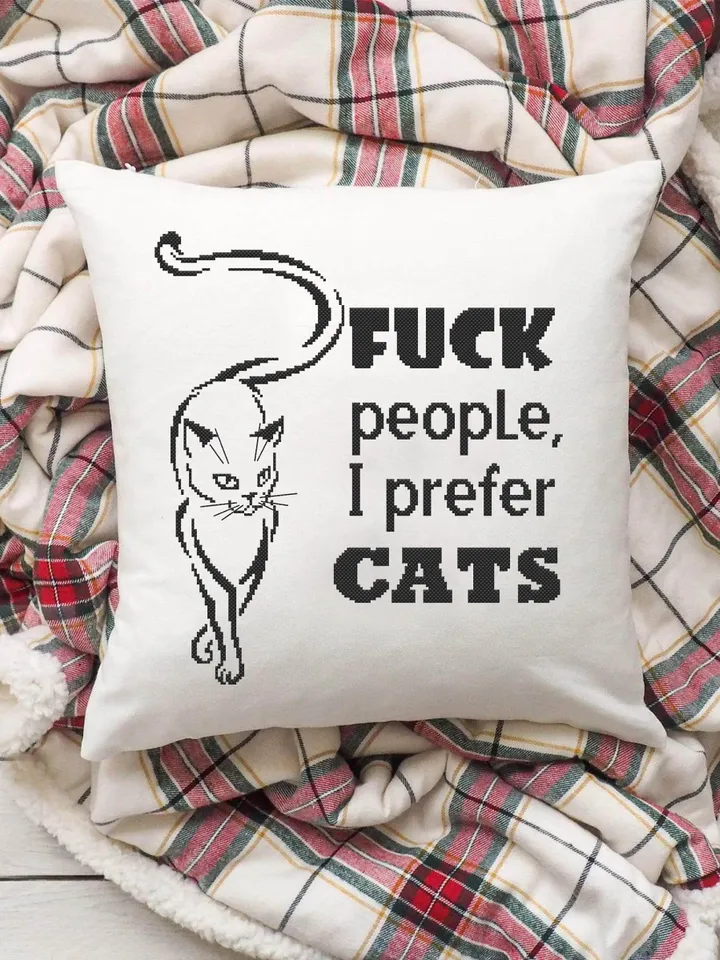 Cat quotes cross stitch pattern download PDF, Fuck people I prefer cats, Black cat silhouette cross stitch chart, Easy beginner stitch #Q15
