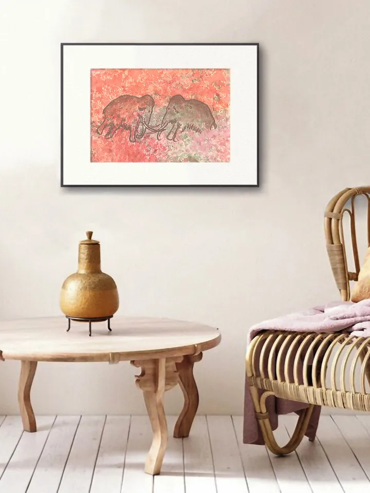 Playing mammoths wall art | Original Pastel and Watercolor Artwork Ancient Cave Painting Style | Prehistoric art | Handmade Artwork | Stylization of rock art | Drawings of a prehistoric man