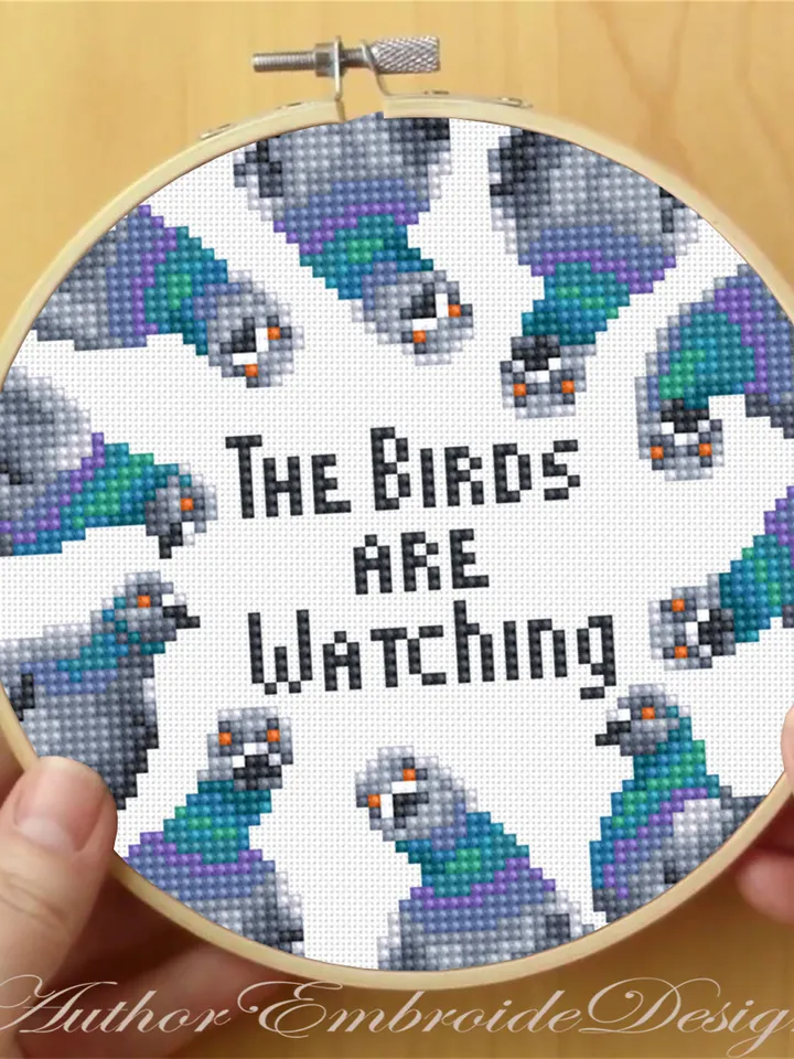 Funny pigeons cross stitch pattern PDF download Cross stitch quote The birds are watching, Small modern cross stitch chart Pigeon gifts #Q60