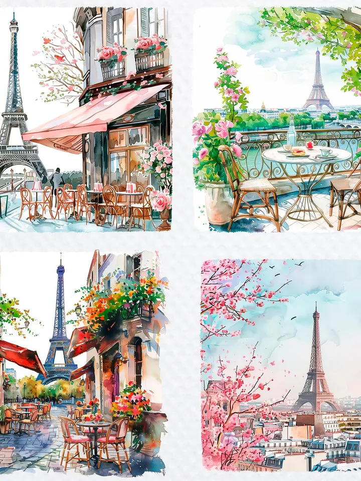 14 Vintage Paris PNG Bundle, Printable Watercolor clipart for sublimation, Paris Postcard, High Quality, Paper craft, junk journals