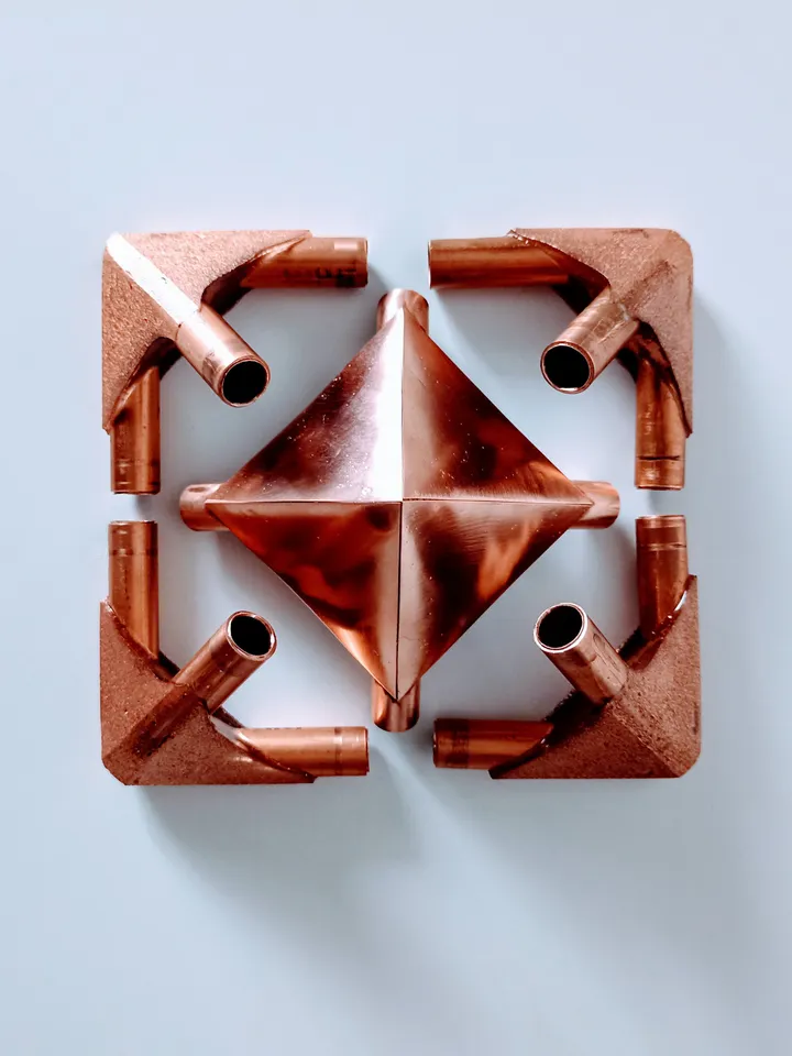 Set of copper connectors for the pyramid of healing and meditation. For pipes with an outer diameter of 3/8 inch