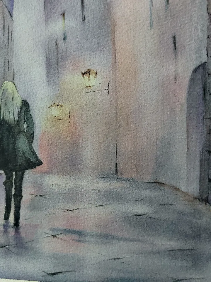 Original Watercolor Painting Urban Landscape Art Rainy Morning Street Artwork 30x40 Old Town Picture by SoftWaves