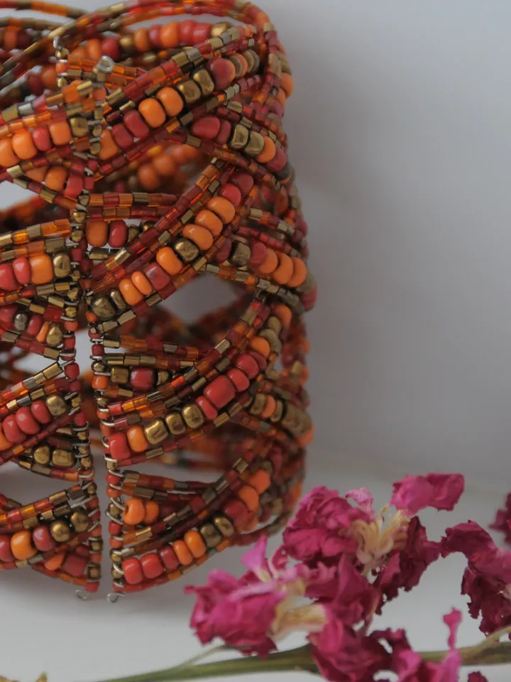 Beaded Handmade Wide Classy Elegant Bracelet | Orange Glamorous Beads Bracelet | Elegant Summer Wide Bracelet |Womans Beaded Jewerly