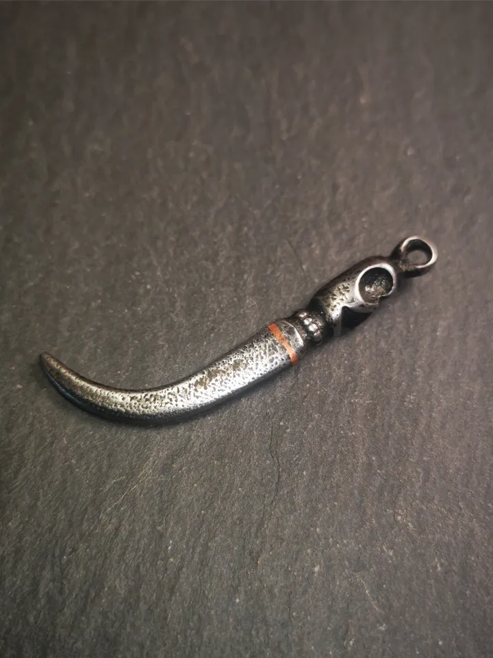 Gandhanra Handmade Tibetan Amulet ,Skull Wolf Tooth Pendant with Leather Cord,Made of Cold Iron inlaid Copper,2.16"