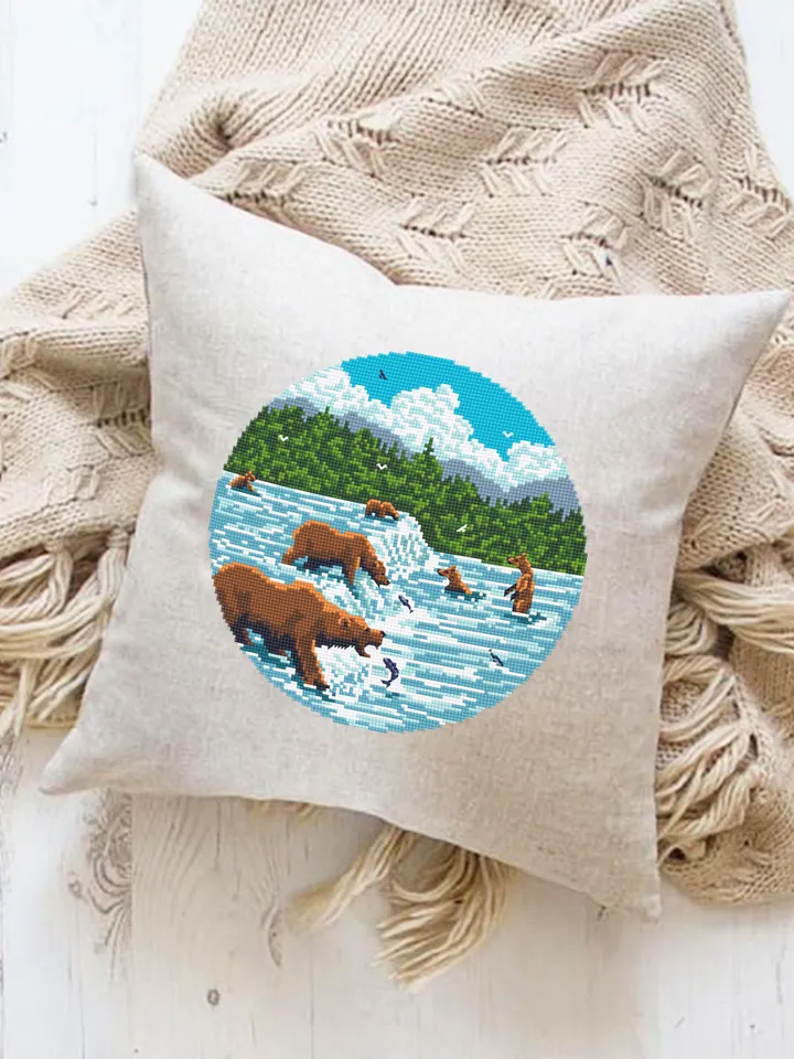 Katmai national park cross stitch pattern PDF download Bears catch fish, Nature cross stitch chart, Brooks falls in Alaska Bear fishing #L70
