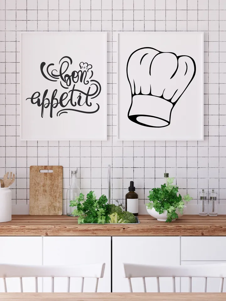 Modern Kitchen Chef Wall Decor, Bon Appetit, Set Of 2, Line drawing print, Abstract Kitchen Chef, Printable Modern Kitchen Chef