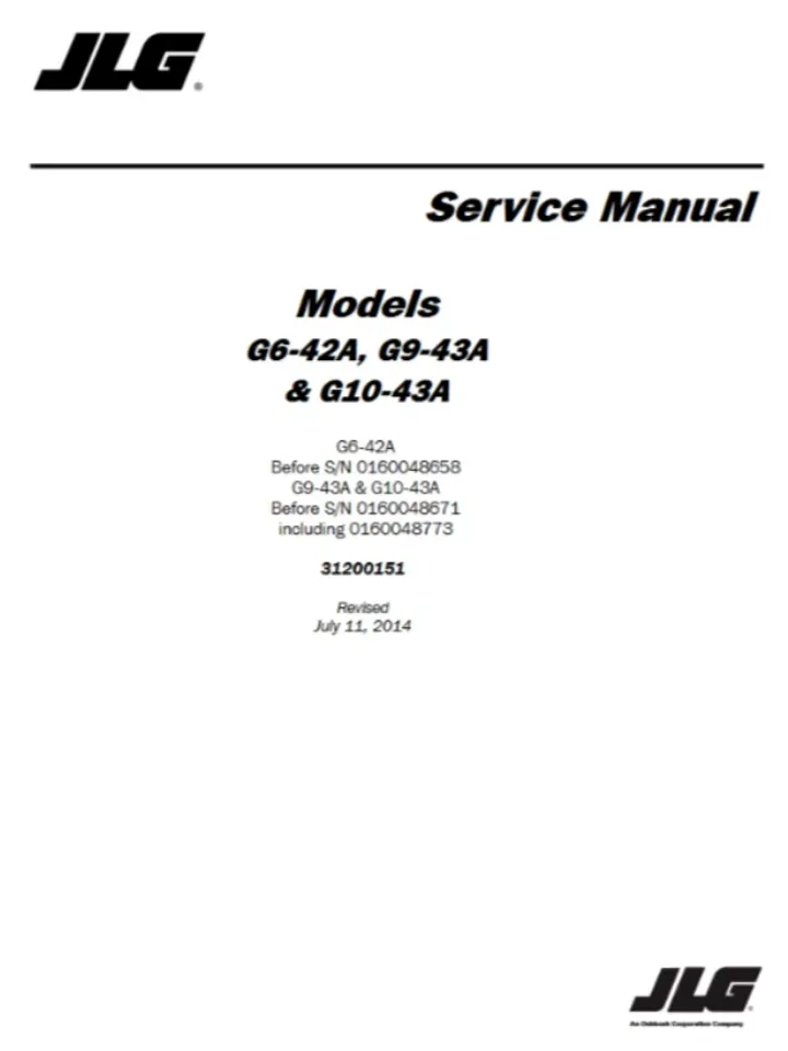 JLG G6-42A G9-43A G10-43 Telehandler Service Repair Manual
