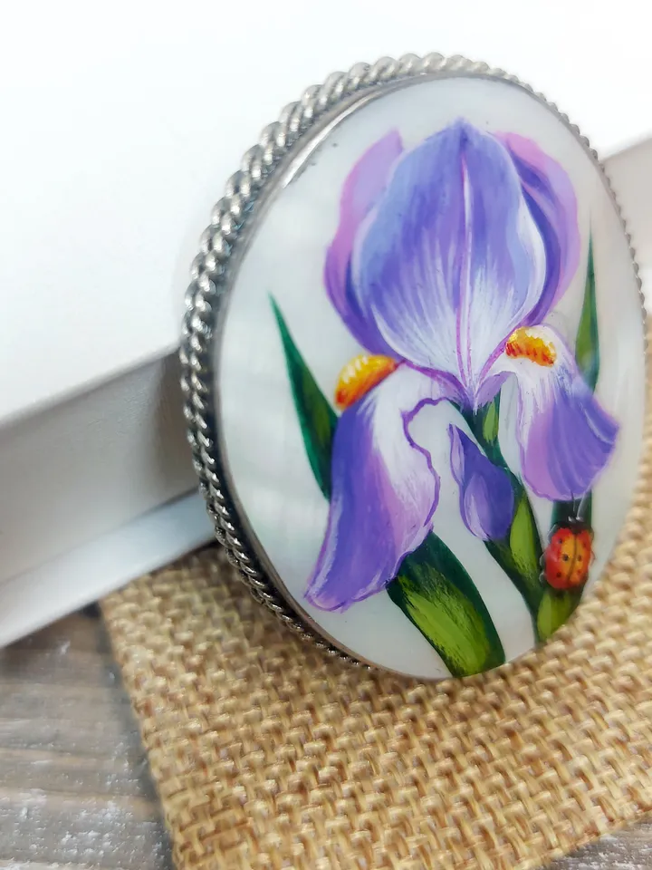 Nice "Iris" Hand Painted Russian Fedoskino Mother-Of-Pearl Brooch/Pin/Miniature hand-painted/Russian fine art jewelry/ Russia gift for woman