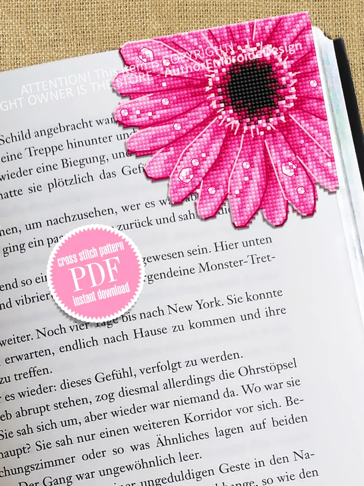 Gerbera Corner bookmark cross stitch pattern PDF download Pink flower cross stitch chart, Flower bookmark for women Floral pattern PDF #B257